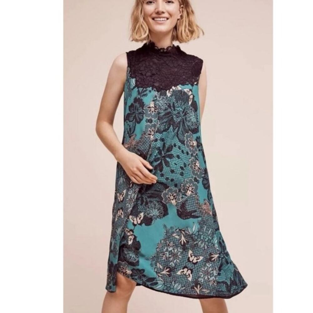 Anthropologie Maeve Lace Collar Boxy Dress Silk Green Size Medium Whimsical